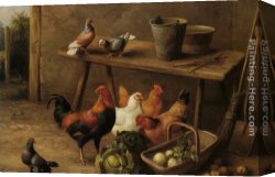 Chickens, Canvas Paintings - Chickens and Pigeons in a Farmyard by Edgar Hunt