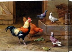 Feeding The Pigeons Canvas Paintings - Chickens, Pigeons and a Dove by Edgar Hunt
