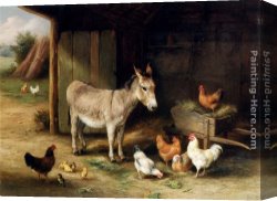 The Moose Hunt Canvas Paintings - Donkey, Hens and Chickens in a Barn by Edgar Hunt