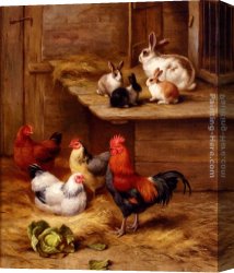Ponies, a Calf And Poultry in a Farmyard Canvas Paintings - Farmyard Neighbours by Edgar Hunt