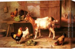 The Moose Hunt Canvas Paintings - Goat and chickens feeding in a cottage interior by Edgar Hunt