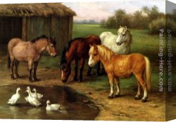 Ponies, a Calf And Poultry in a Farmyard Canvas Paintings - Ponies By A Pond by Edgar Hunt