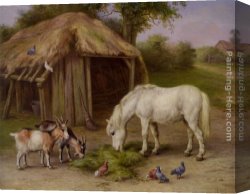 Goats Canvas Paintings - Pony and Goats in a Farmyard by Edgar Hunt