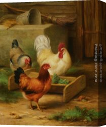 The Moose Hunt Canvas Paintings - Poultry Feeding in a Barn by Edgar Hunt