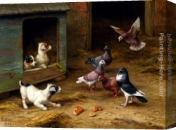 Feeding The Pigeons Canvas Paintings - Puppies and Pigeons playing by a Kennel by Edgar Hunt