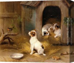 Edgar Hunt Canvas Paintings - The Puppies by Edgar Hunt
