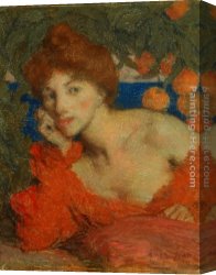 Femme Canvas Paintings - Sous les Orangers (Femme &agrave; Amalfi) by Edmond Francois Aman-Jean