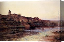 French Canvas Paintings - A French River Town by Edmond Marie Petitjean