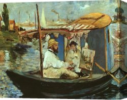 Arrival of The Boats Canvas Paintings - Claude Monet working on his boat in Argenteuil by Edouard Manet