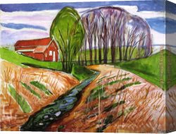 House with Scaffolding Canvas Paintings - Spring landscape at the red house 1935 by Edvard Munch