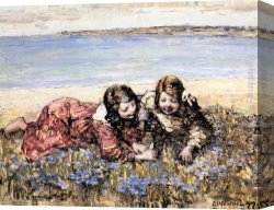 The Seashore Canvas Paintings - Gathering Flowers by the Seashore by Edward Atkinson Hornel