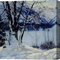 Landscape with a Lake Canvas Paintings - A Frozen Lake In A Mountainous Winter Landscape by Edward Cucuel