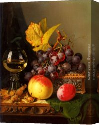 Edward Ladell Canvas Paintings - A Still Life of Black Grapes, a Peach, a Plum, Hazelnuts, a Metal Casket and a Wine Glass on a Carved Wooden Ledge by Edward Ladell