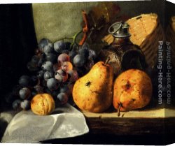 Pear Canvas Paintings - Pears, Grapes, A Greengage, Plums A Stoneware Flask And A Wicker Basket On A Wooden Ledge by Edward Ladell