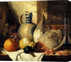 Edward Ladell Canvas Paintings - Prawns, A Mallard, A Lemon, An Apple, Grapes And A Stoneware Jug On A Draped Wooden Ledge by Edward Ladell