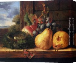 The Bird Seller Canvas Paintings - Still life with a birds nest and fruit by Edward Ladell