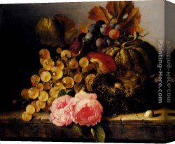 The Bird Seller Canvas Paintings - Still Life With A Birds Nest, Roses, A Melon And Grapes by Edward Ladell