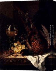 Pheasant Canvas Paintings - Still Life with a Pheasant, Grapes, Hazelnuts and a Hock Glass on a wooden Ledge by Edward Ladell