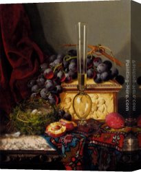 Edward Ladell Canvas Paintings - Still Life With Fruit, Birds Nest, Glass Vase And Casket by Edward Ladell
