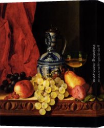 Pear Canvas Paintings - Still Life With Grapes, A Peach, Plums And A Pear On A Table With A Wine Glass And A Flask by Edward Ladell