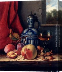 Edward Ladell Canvas Paintings - Still Life with Peaches, Whitecurrants, Hazelnuts, a Glass and a Stoneware Jug on a wooden Ledge with a Landscape beyond by Edward Ladell