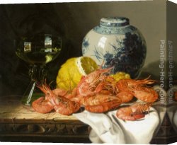 Edward Ladell Canvas Paintings - Still Life with Prawns and a Delft Pot by Edward Ladell