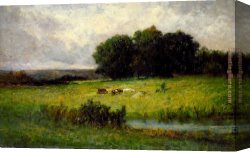 Highland Cattle Grazing by a Mountain Stream Canvas Paintings - Bright Scene of Cattle near Stream by Edward Mitchell Bannister