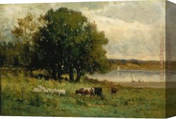 Cattle And Sheep Resting Canvas Paintings - cattle near river with sailboat in distance by Edward Mitchell Bannister