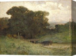 A Wooded Landscape with a Figure Crossing a Bridge Over a Stream Canvas Paintings - forest scene with bridge, cows in stream in foreground by Edward Mitchell Bannister