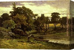 Man with Scythe Canvas Paintings - landscape, boat moored near stream, man walking in foreground by Edward Mitchell Bannister