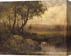A Picnic on The Riverbank Canvas Paintings - landscape, riverbank, three cows by Edward Mitchell Bannister