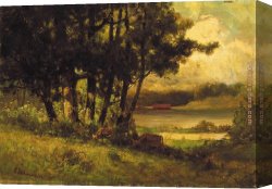 Lord Rivers' Roan Mare in a Landscape Canvas Paintings - landscape with cows grazing near river by Edward Mitchell Bannister