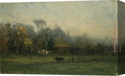 Edward Mitchell Bannister Canvas Paintings - landscape with man plowing fields by Edward Mitchell Bannister