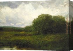 A Wooded Landscape with a Figure Crossing a Bridge Over a Stream Canvas Paintings - landscape with oxen and haycart crossing bridge by Edward Mitchell Bannister