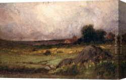 Landscape with a Lake Canvas Paintings - landscape with rock in foreground and roof with steeple, lake in background by Edward Mitchell Bannister