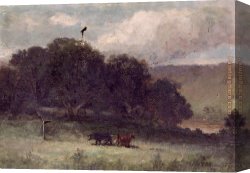 Cows Canvas Paintings - landscape with trees and two cows in meadow by Edward Mitchell Bannister
