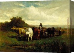 Prospecting for Cattle Range Canvas Paintings - man on horseback, woman on foot driving cattle by Edward Mitchell Bannister