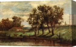 Man with Scythe Canvas Paintings - man with cows grazing near pond with house and trees in background by Edward Mitchell Bannister