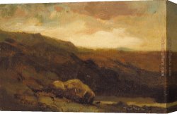 A Wooded Landscape with a Figure Crossing a Bridge Over a Stream Canvas Paintings - mountainous landscape with rock and stream in foreground by Edward Mitchell Bannister