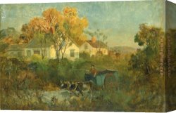 Cart Canvas Paintings - The Drinking Pool (man in cart with oxen at pool) by Edward Mitchell Bannister