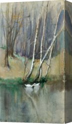 Jacob Duck Canvas Paintings - Wood Scene with Birch Trees and Ducks by Edward Mitchell Bannister