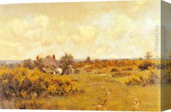 Gingerbread Cottage Canvas Paintings - A gaggle of geese on a fram track in a Surrey landscape, a cottage beyond by Edward Wilkins Waite
