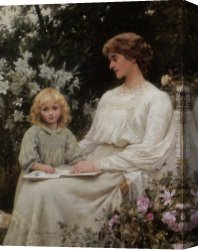 The Daughters of Judah in Babylon Canvas Paintings - Portrait of a mother and daughter reading a book by Edwin Harris