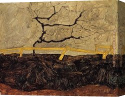 Fence Canvas Paintings - Bare Tree behind a Fence by Egon Schiele