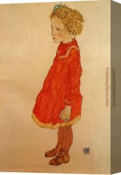 Girl with a Red Hat Canvas Paintings - Little Girl with Blond Hair in a Red Dress by Egon Schiele