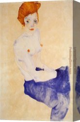 Girl at Bar with Red Light-1 Canvas Paintings - Seated Girl with Bare Torso and Light Blue Skirt by Egon Schiele