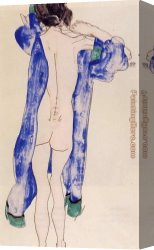Standing Canvas Paintings - Standing Female Nude in a Blue Robe by Egon Schiele