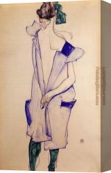 Standing Canvas Paintings - Standing Girl in a Blue Dress and Green Stockings Back View by Egon Schiele