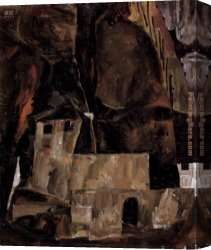 Gone to Ground Canvas Paintings - Wall and house before h'gligem ground with fence by Egon Schiele
