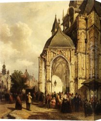 Entrance Canvas Paintings - Figures At The Entrance Of The St. Stevens Church, Nijmegen by Elias Pieter van Bommel